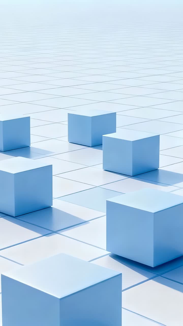 Vertical video: Panning camera shifting view of center light-blue cubes tiled grid, revealing right