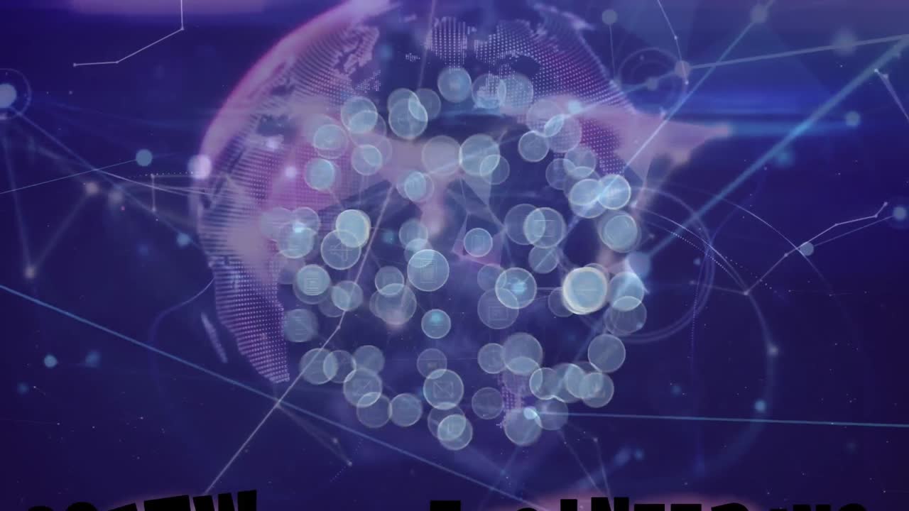 Animation of network of digital icons and globe of plexus network against blue background