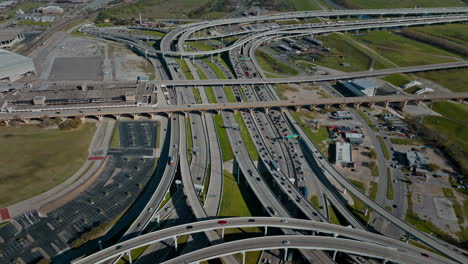 drone flying over highway intersection, dallas, texas, us