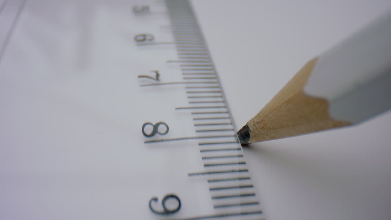 연필 으로 종이 에 직선 을 그리는 것. 스케치 계획 을 위해 지배자 를 사용하는 건축가