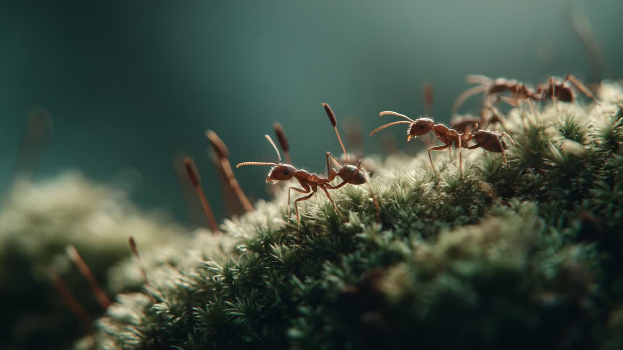 A Close-Up Exploration of Ants foraging on Soft Green Moss: The Intricate Journey of Nature’s Tiny Workers in Their Habitat