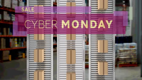 animación del texto de venta del lunes cibernético sobre cajas de cartón en cintas transportadoras