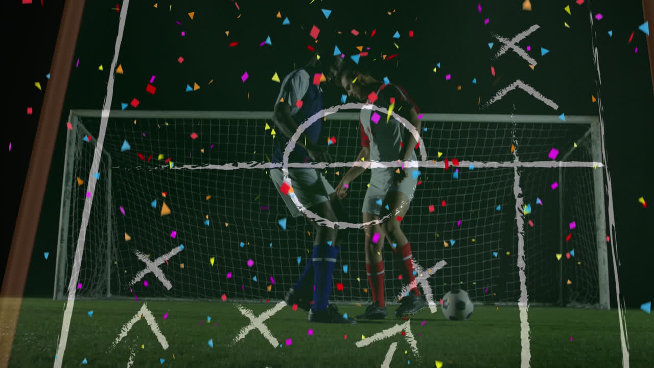 경기장 그림 위에 다양한 남성 축구 선수들의 애니메이션