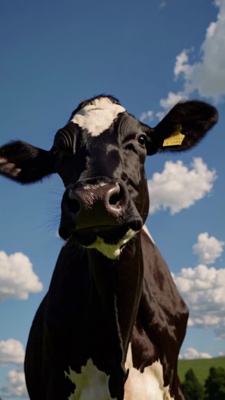 Videoclip en primer plano de una vaca en contrapicado contra un cielo azul brillante con nubes esponjosas