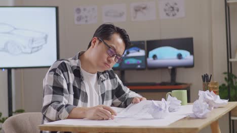 side view of asian male throws away papers while working on a car design sketch on table in the studio with tv and computers display 3d electric car model