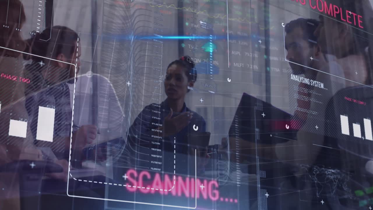Animation of graphs, texts, trading board, computer language, diverse coworkers discussing reports