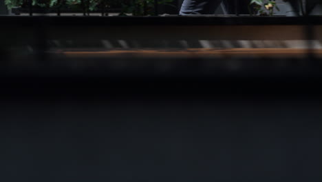 closeup businessman legs running to office in morning. confident manager rushing