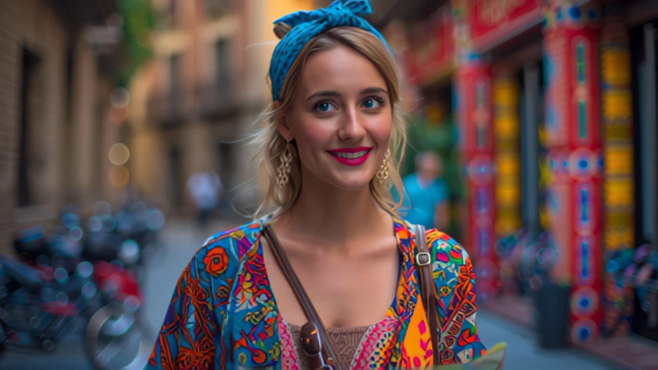 Close-up footage of a cheerful young woman in vibrant outfit and headscarf walking outdoors on a lively urban street with soft bokeh background, travel lifestyle concept