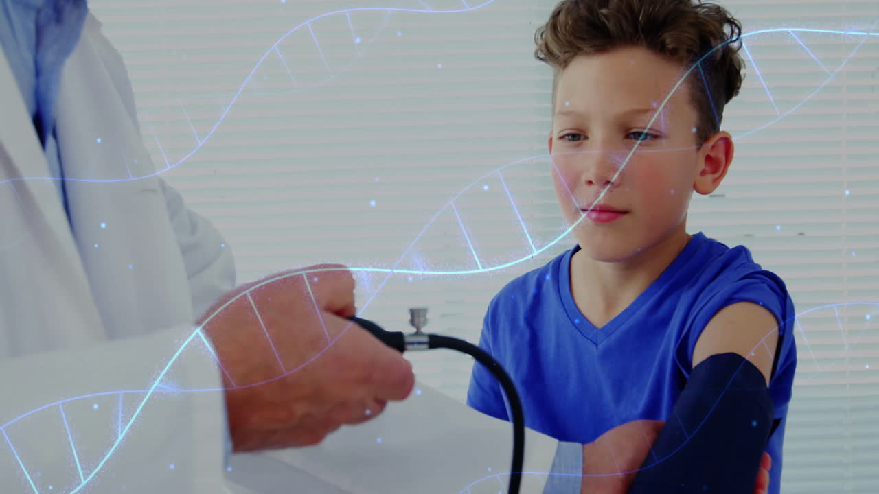Animation of dna strands over diverse doctor and boy patient in hospital