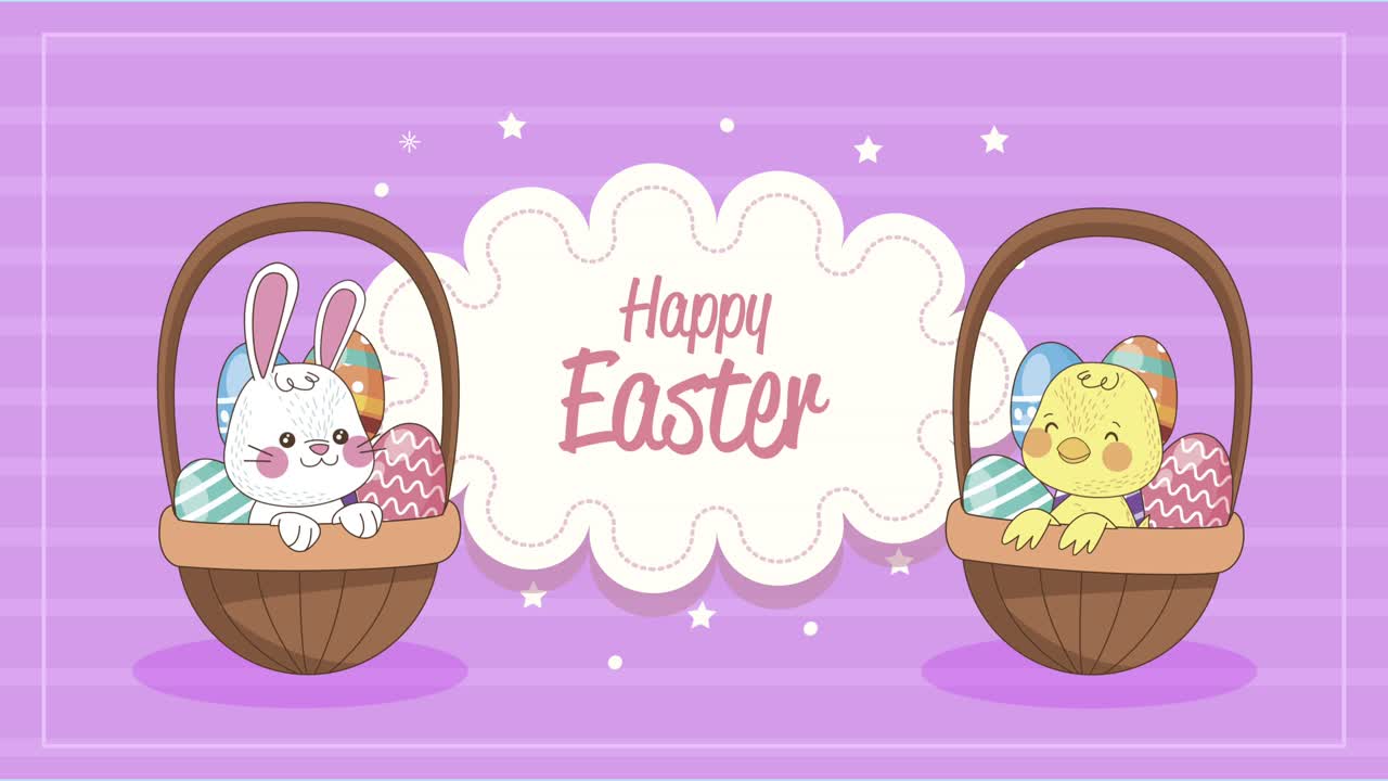 happy easter lettering celebration with rabbit and chick