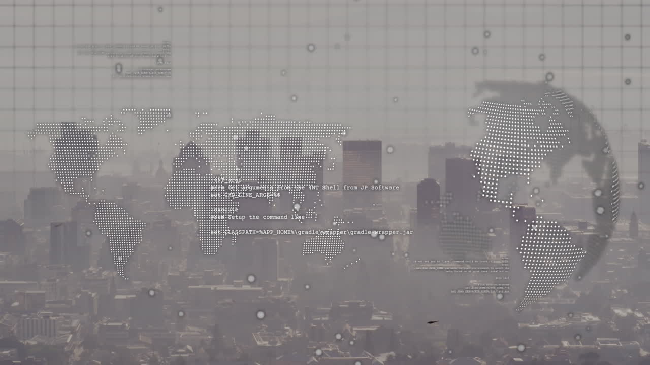 데이터 처리 및 도시 풍경 위의 지구의 애니메이션