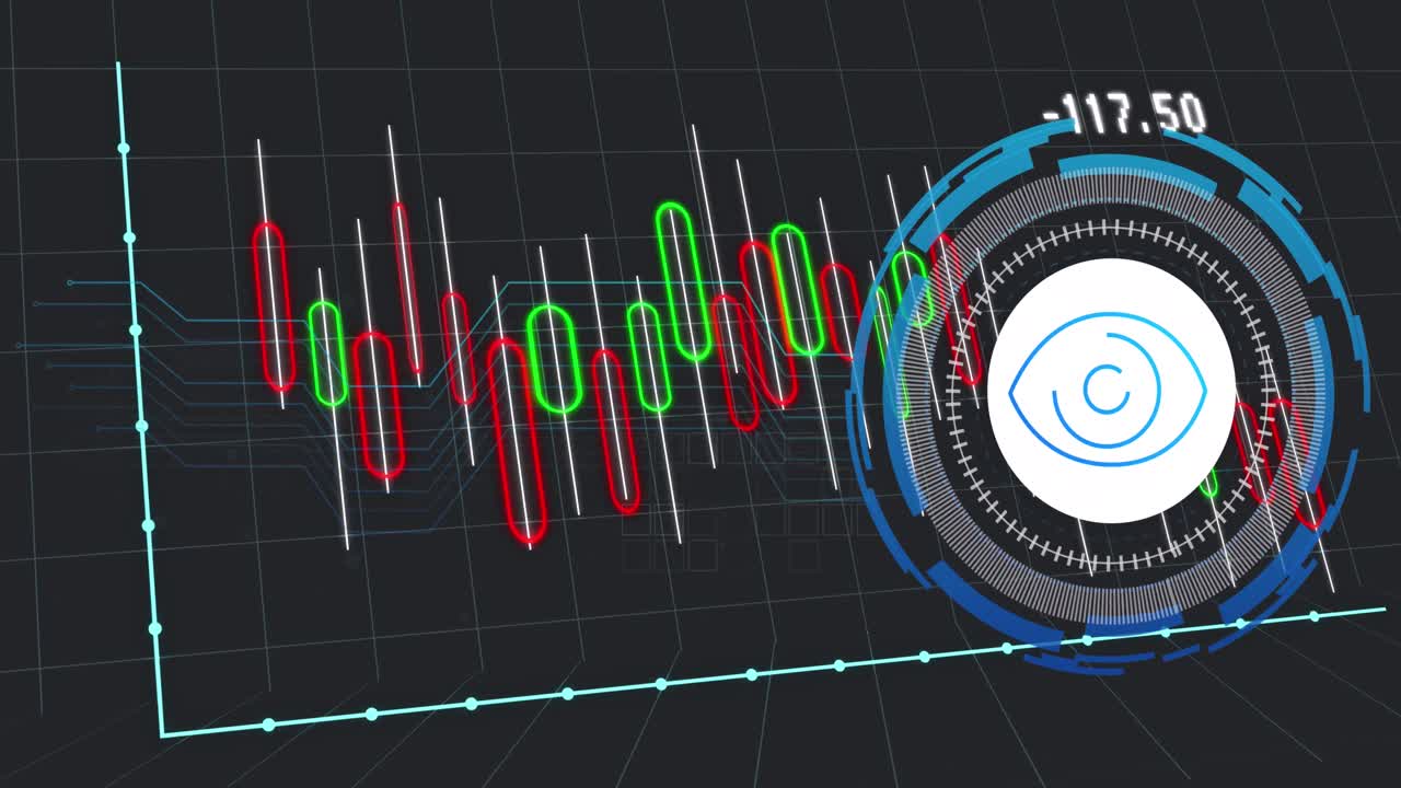 파란색 배경에 눈 아이콘으로 데이터 처리의 애니메이션