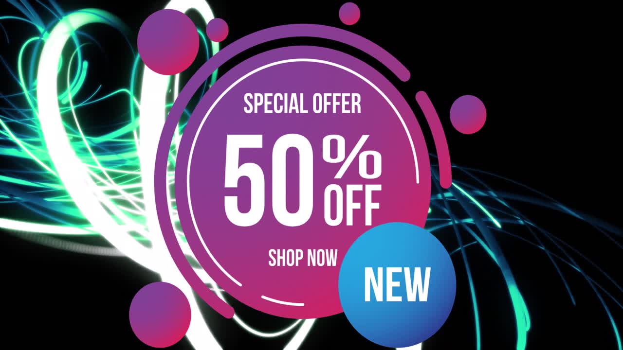 검은 바탕에 선 위에 있는 원에서 50% 할인된 애니메이션