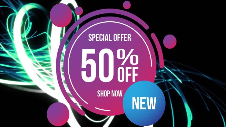 Animazione di uno sconto del 50% in un cerchio su linee su sfondo nero