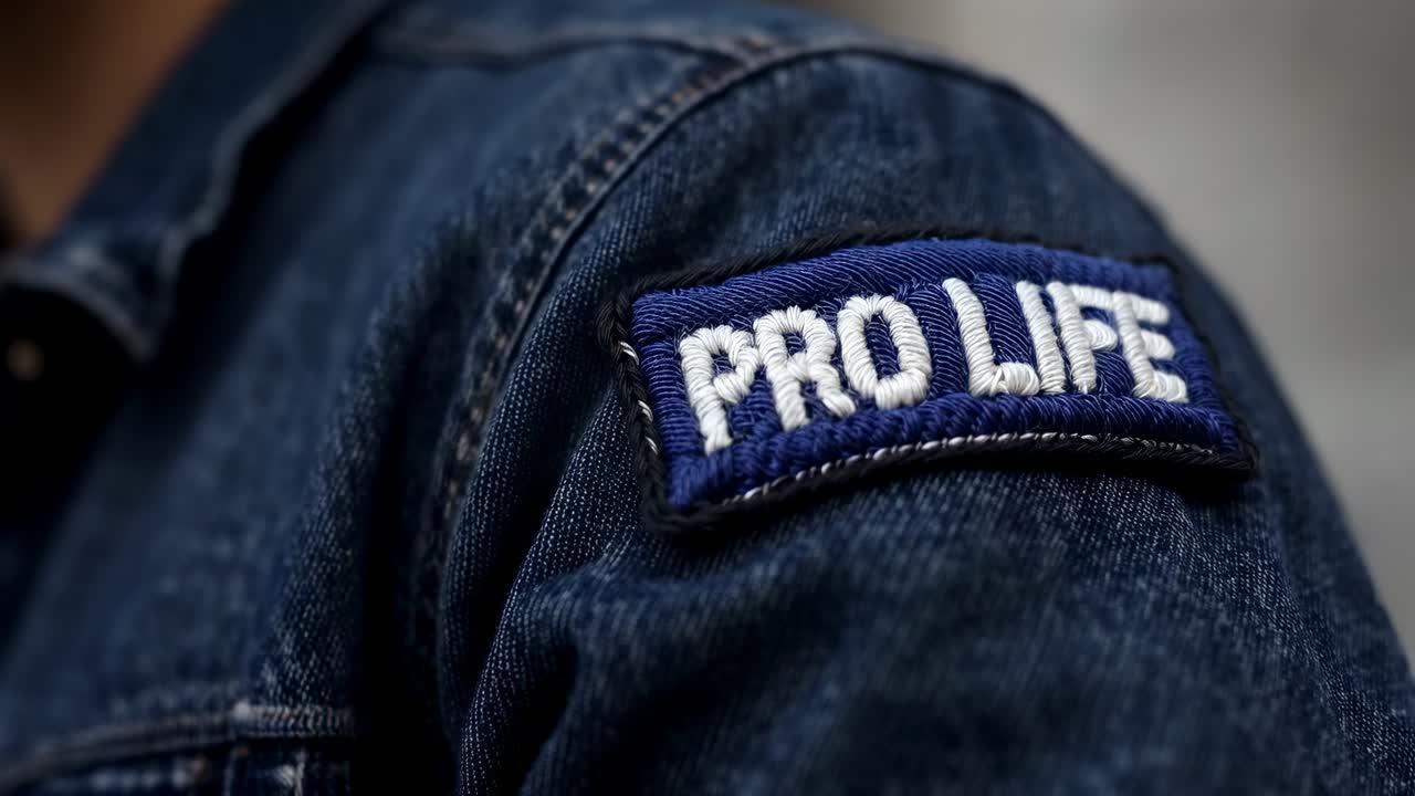 Kameran tarkennuksen kohdistus olkapäähän neutraalia seinää vasten, korostaen PRO LIFE -paikkaa farkkutakissa