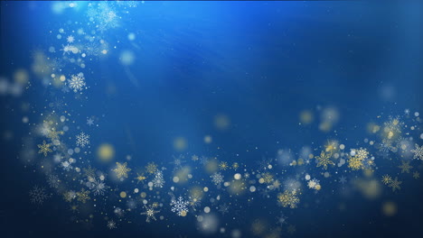 blue festive winter illustration with animated gold and white snowflakes. curved wavy new year's frame. looped motion graphics.