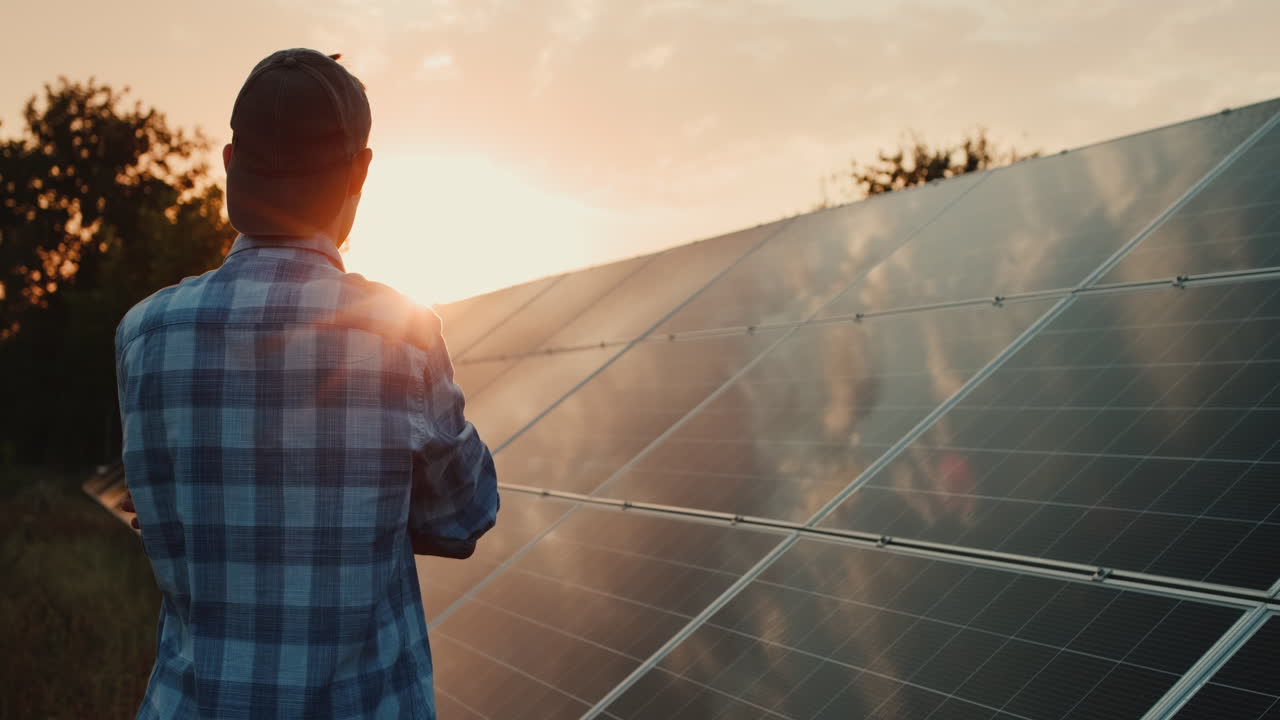 el hombre mira los paneles solares al atardecer