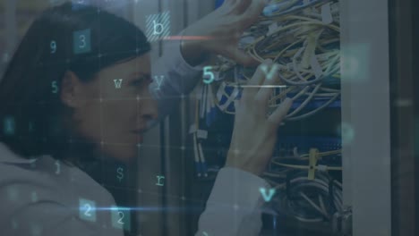 mujer trabajando en un servidor de computadora mientras los mensajes de advertencia aparecen en primer plano