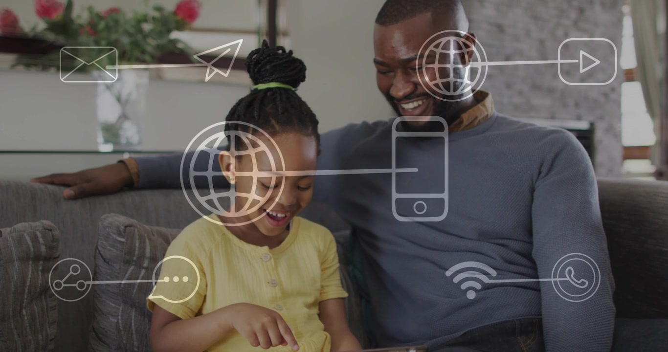 Tablet tap starting parent-child sharing, child tapping, parent pointing, icons staying for bonding