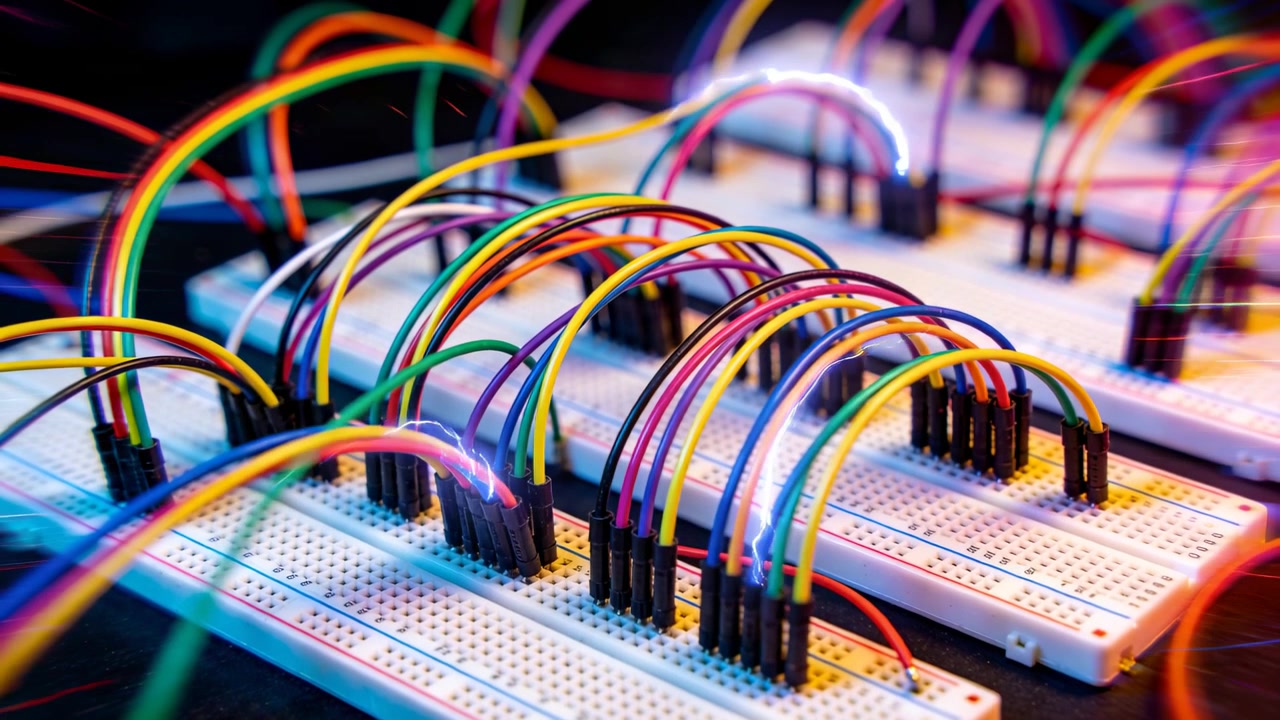 Sparking from touching jumper pins, breadboards producing bluish arcs on bench with rainbow wires