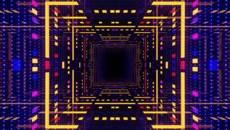 animación en bucle sin costuras de 4k. vuela a través de un túnel simétrico de espejo con patrón de neón, patrón de brillo de ciencia ficción. luz de neón de reflexión brillante. fondo brillante simple, estructura de ciencia ficción