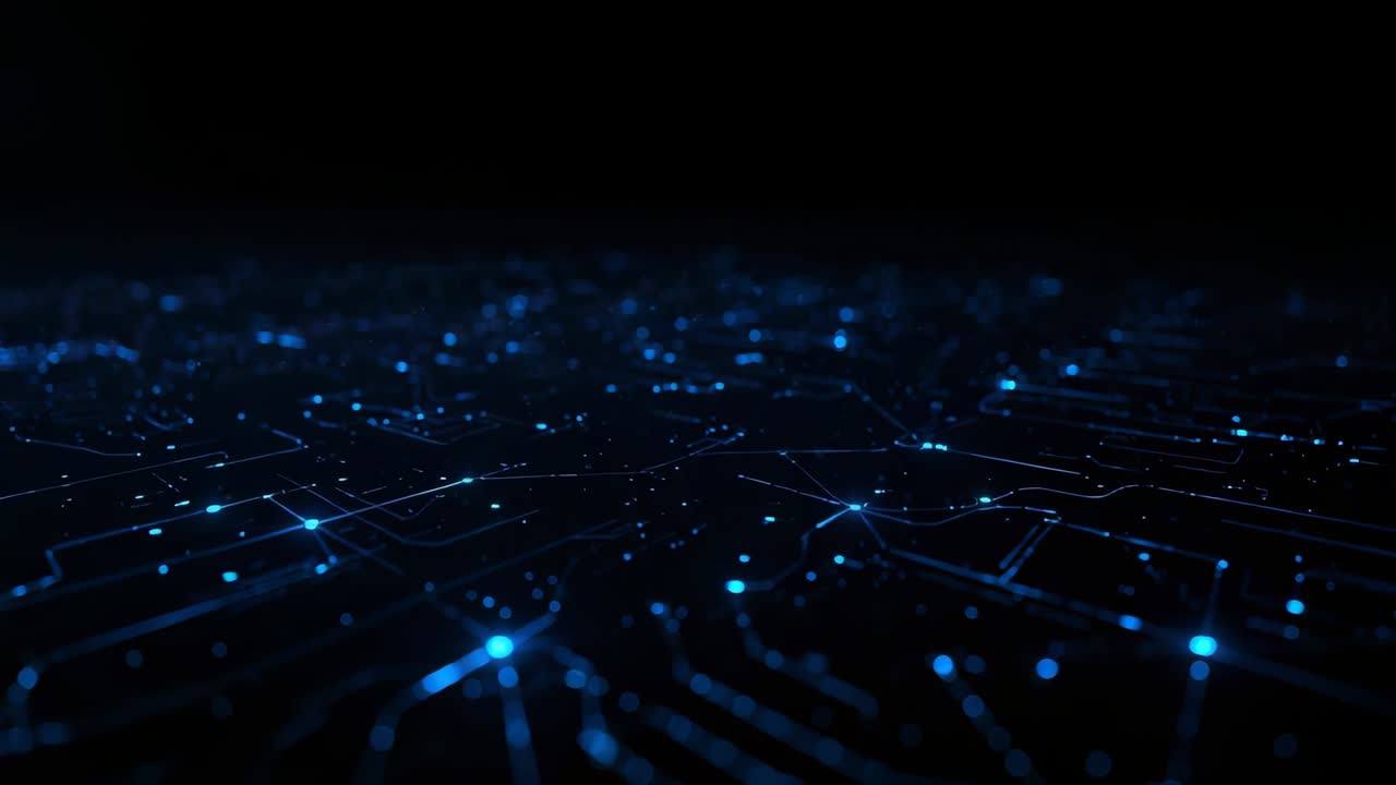 Playback camera gliding across circuit grid pulsing nodes sparking lines showing network flow