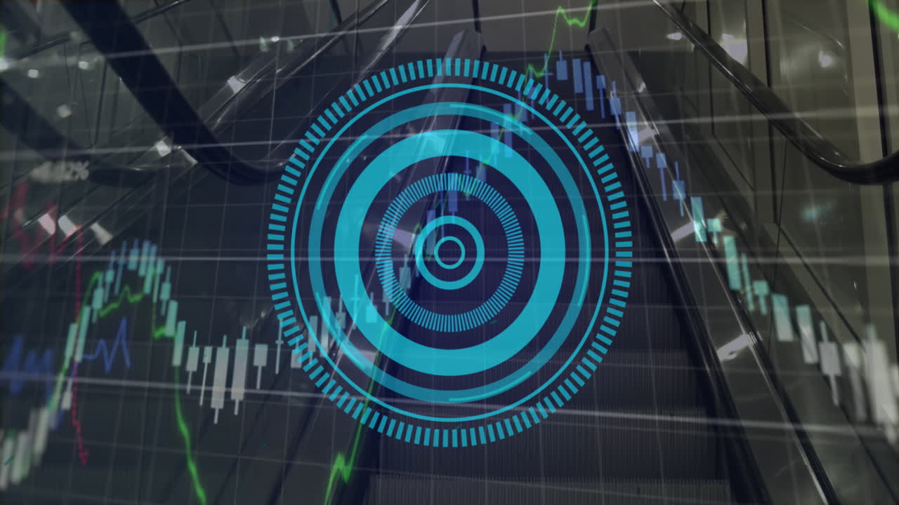 animación del procesamiento de datos financieros y escaneo del alcance a través de la escalera mecánica