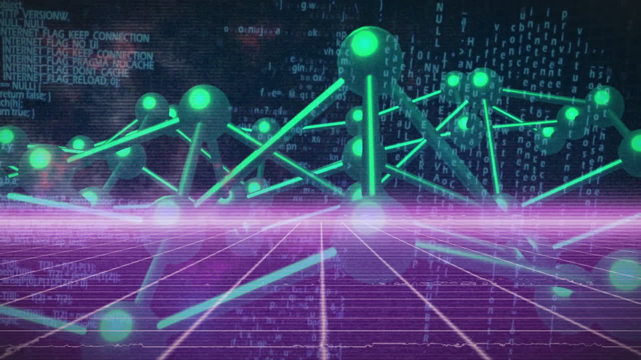 Animation of glowing nodes and connections over digital data background