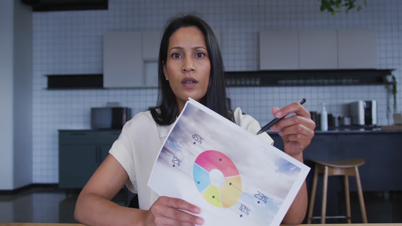 mujer de negocios de raza mixta teniendo video chat pasando por el papeleo en la cocina de la oficina