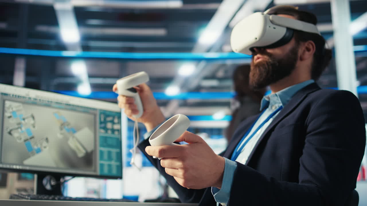 광전자 공장 엔지니어 (photovoltaic factory engineer) 는 cad 소프트웨어로 vr을 사용하여 작업을 계획합니다.