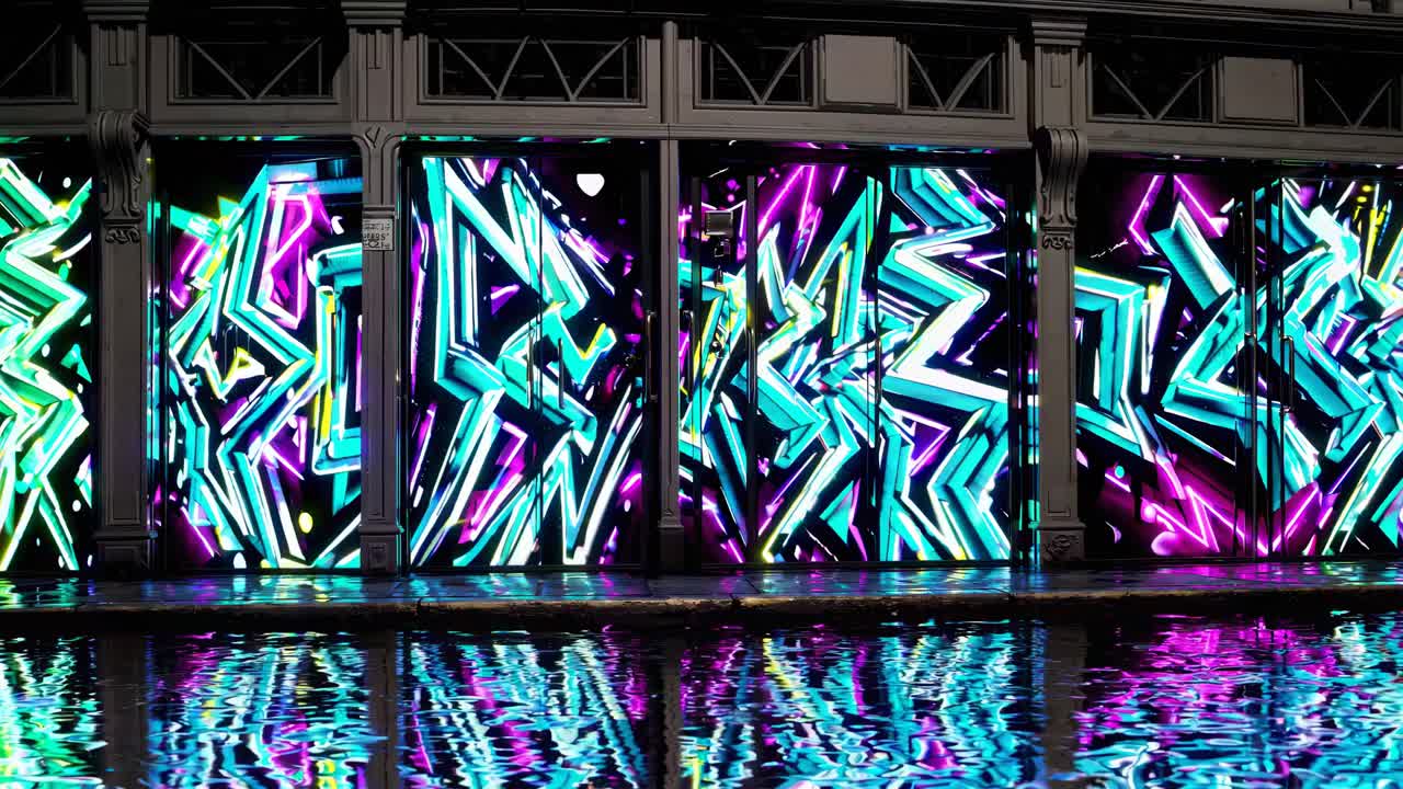 밤에 건물 위에 활기찬 그래피티 예술