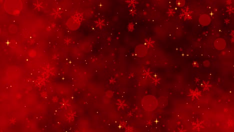 confeti rojo, copos de nieve y luces bokeh en el fondo rojo de navidad
