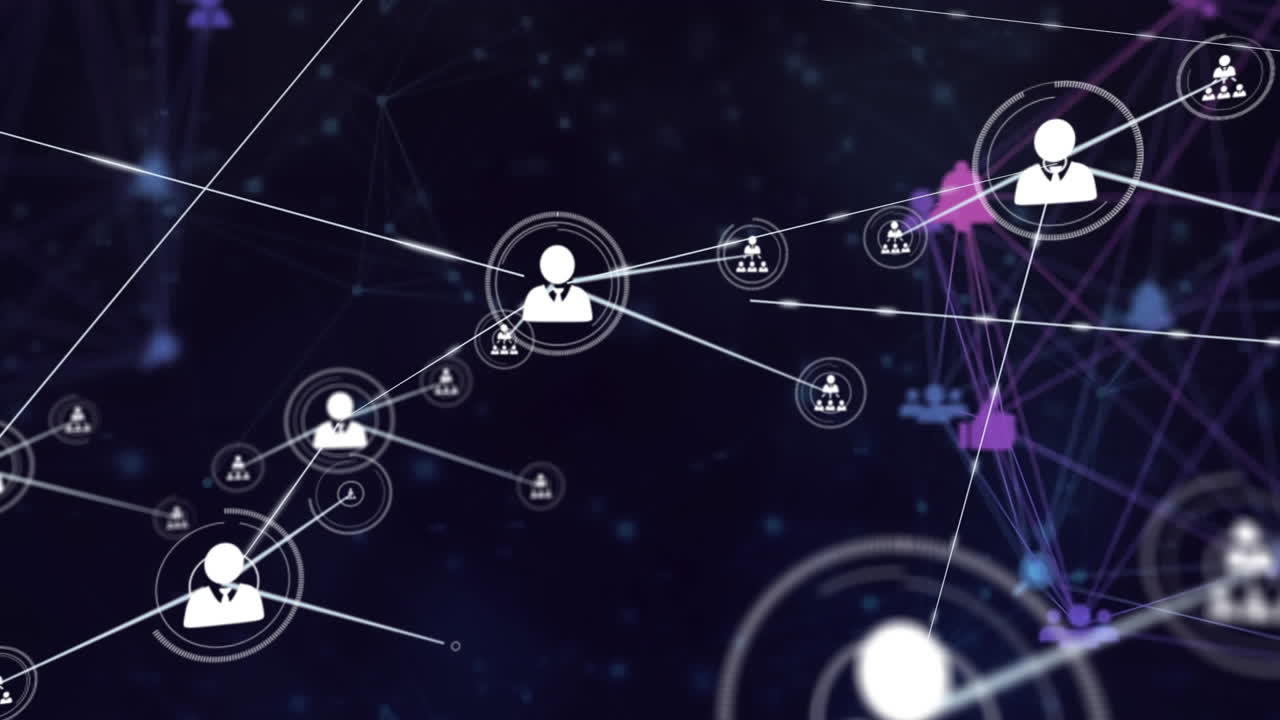 Animation of data processing and network of connections with icons