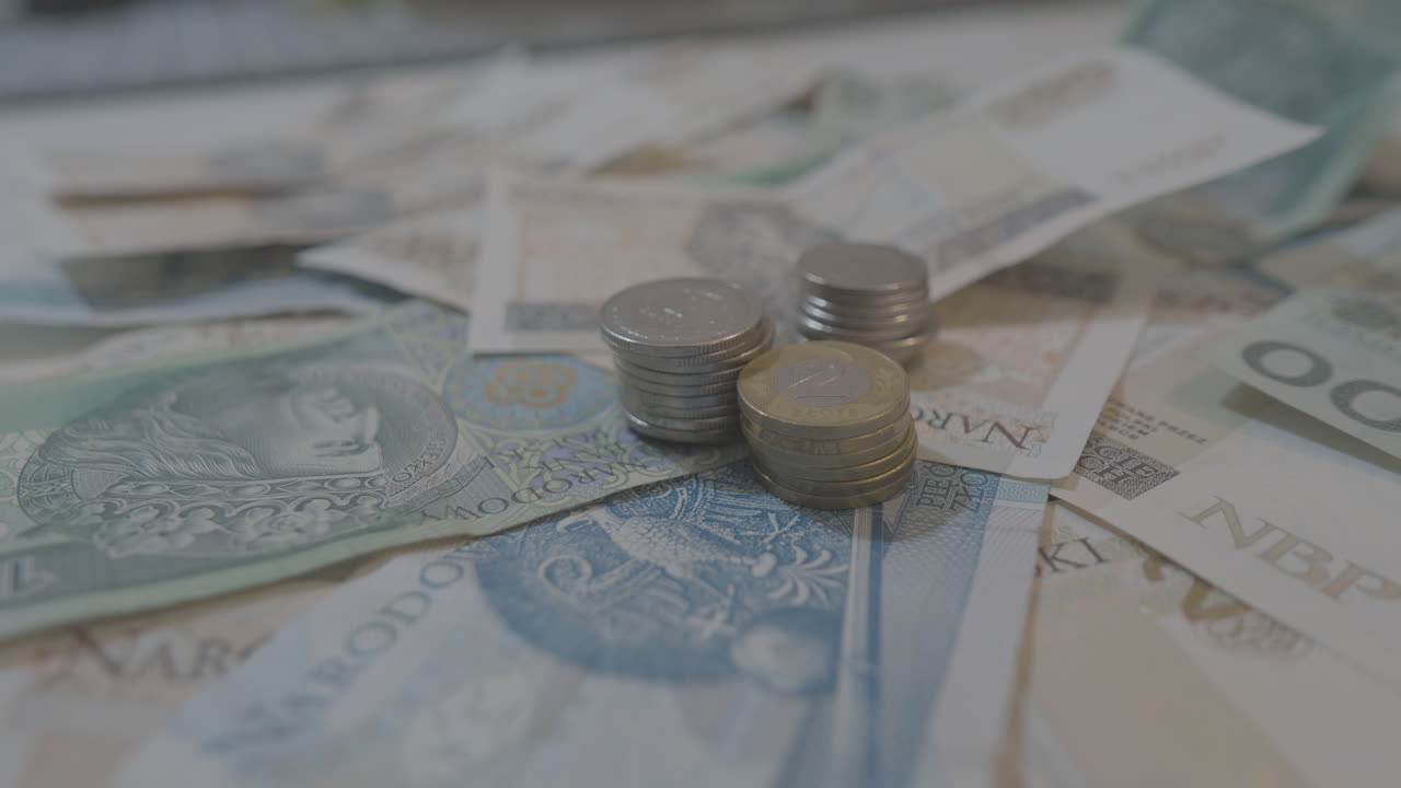 крупный план денег в злотых, сложенных на банкнотах из польши - медленное панорамирование