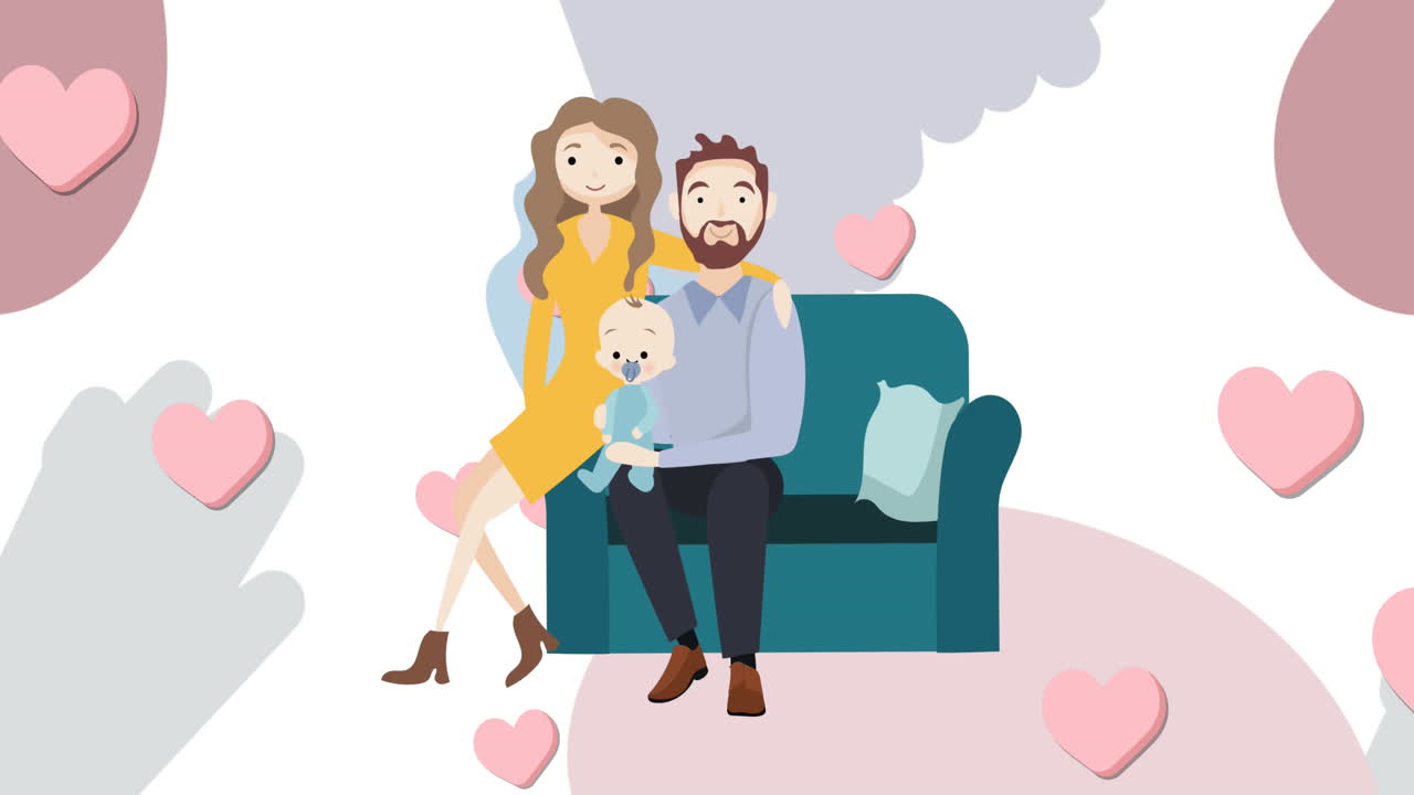 анимация иллюстрации счастливых родителей, сидящих с ребенком, с розовыми сердцами на сером и белом