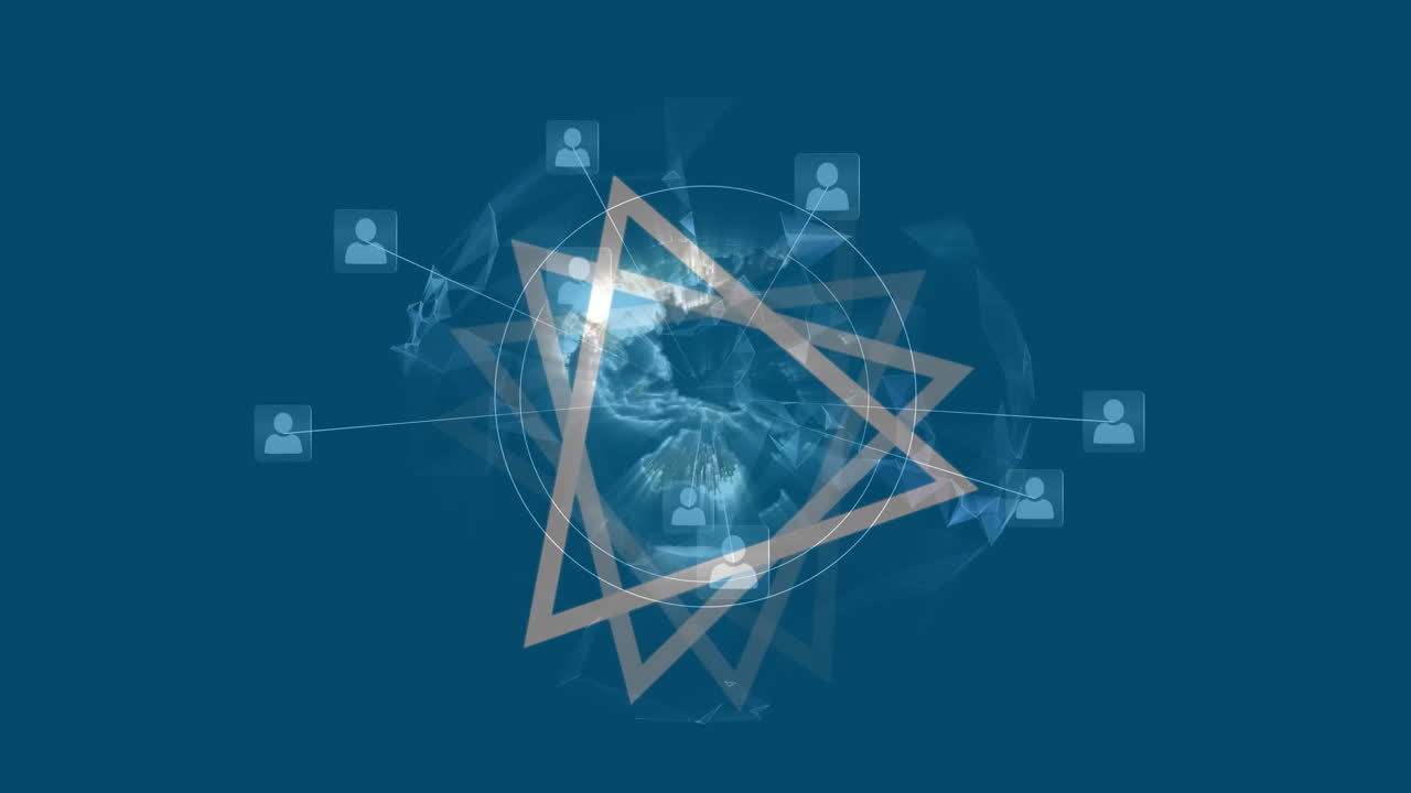 연결 네트워크의 글로브와 함께 회전하는  ⁇  삼각형의 애니메이션