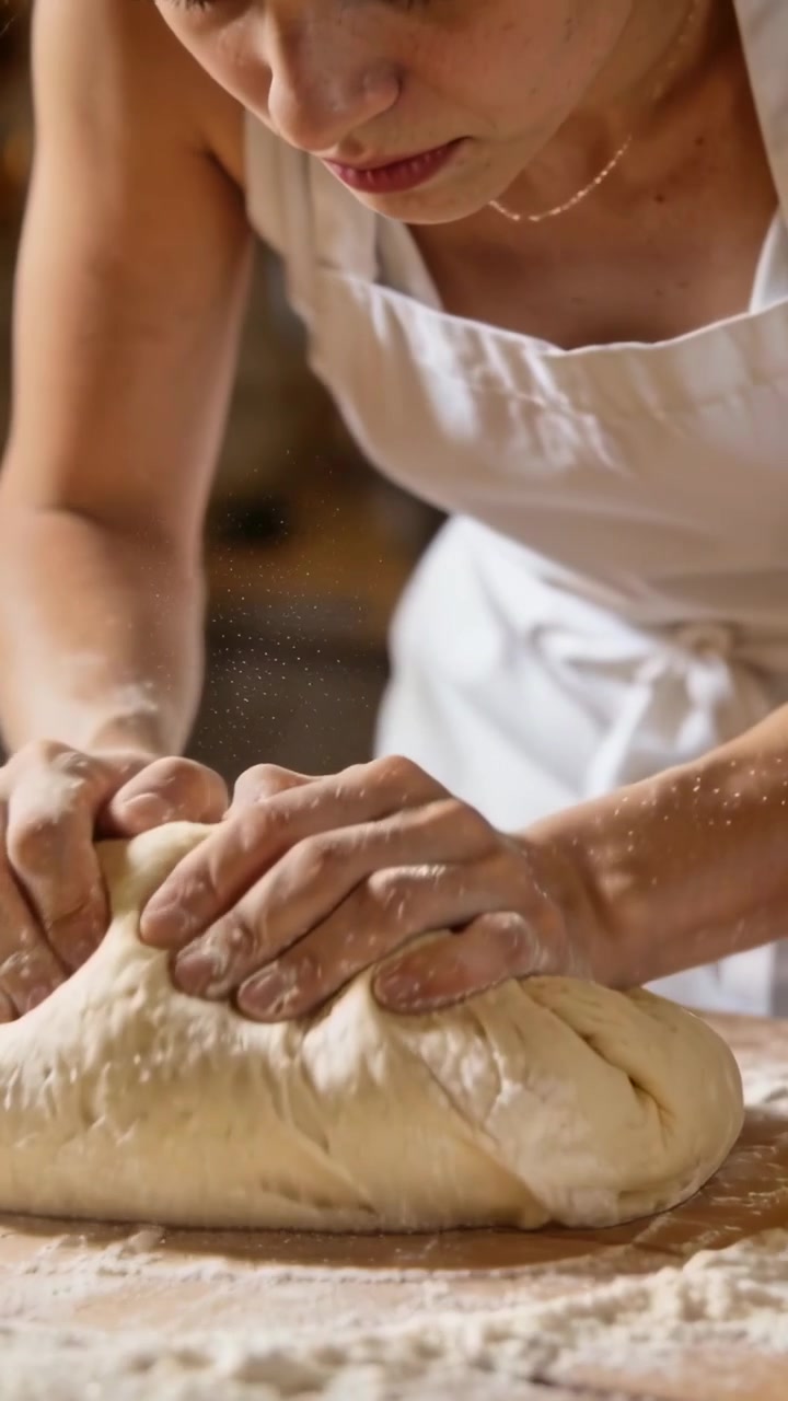 Vertical video: Leaning baker shaping loaf on floured wood board in bakery with white apron chain