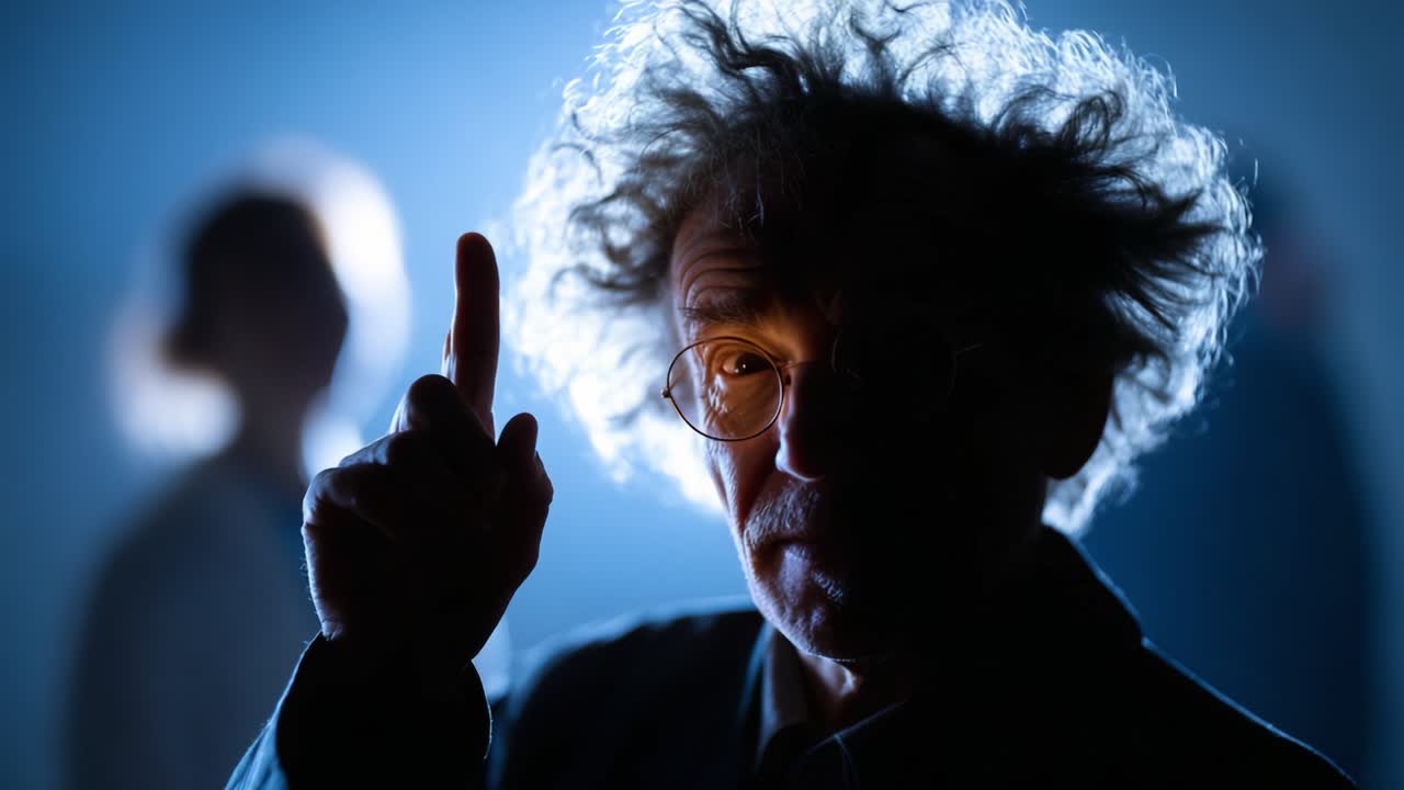 A thoughtful scientist with wild hair gestures, immersed in a dramatic lighting, symbolizing creativity and innovation in scientific exploration and discovery