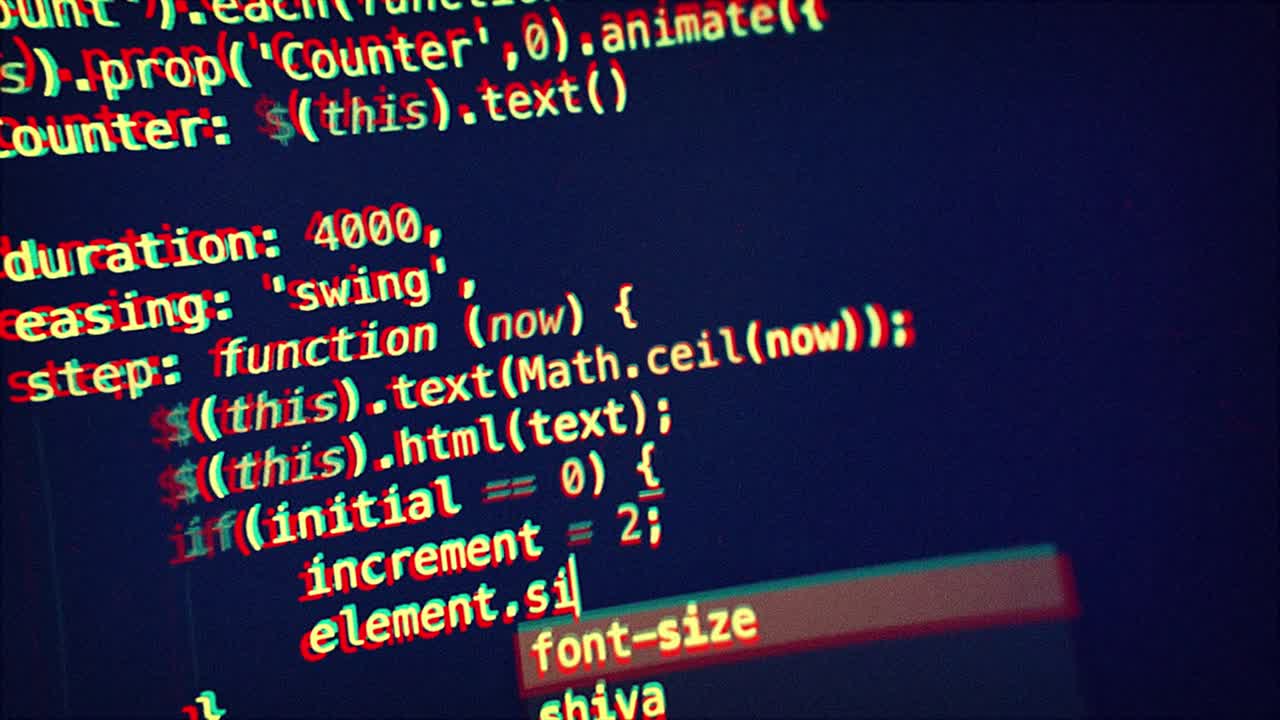 Closeup coding screen with HTML tags, glitched