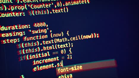Closeup-coding-screen-with-HTML-tags,-glitched