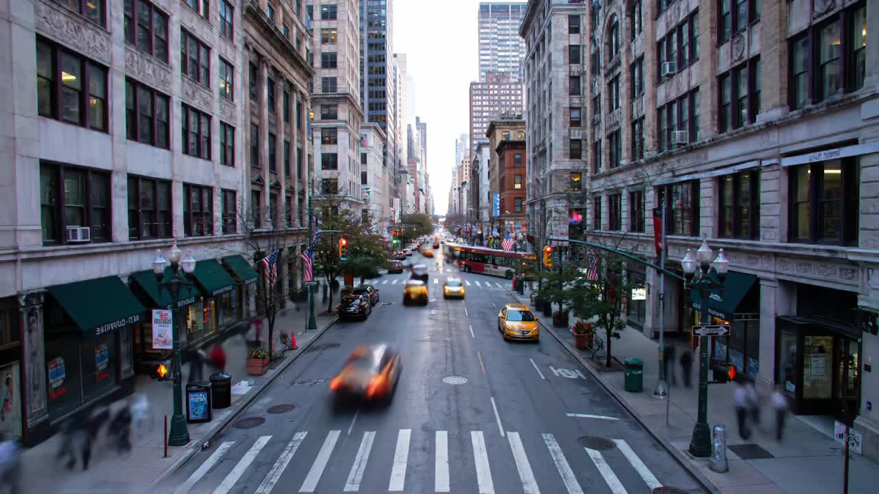 A Bustling Urban Street Scene Captured at Twilight with Traffic Flowing and City Life Coming Alive in a Skyscraper-Backdropped Environment