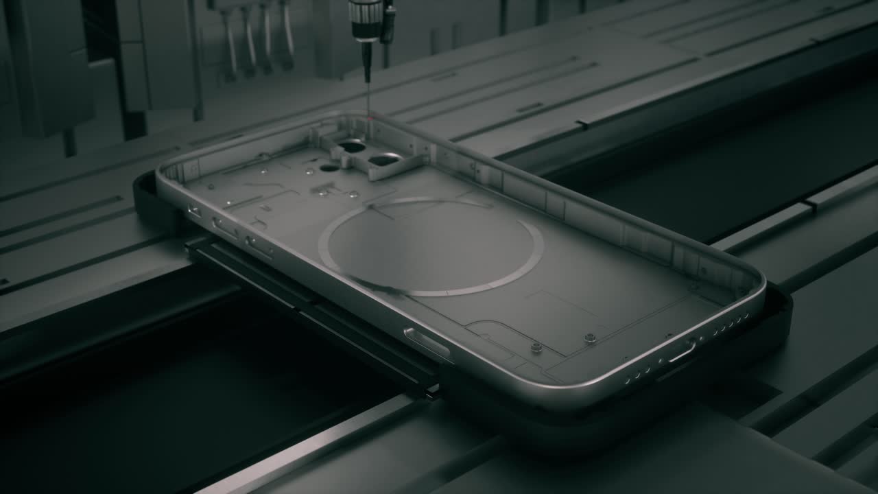 Processo di lavorazione CNC di precisione del telaio di uno smartphone in uno stabilimento di produzione ad alta tecnologia