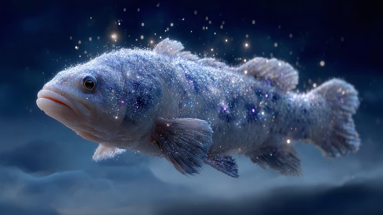 A Cosmic Journey of a Glimmering Fish Swimming Through a Starry Night Sky, Capturing the Essence of Underwater Mystique and the Wonders of Nature's Design