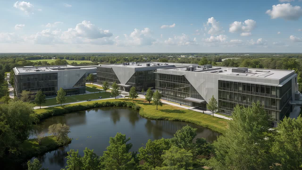 Taking off, drone revealing three low-rise office buildings on corporate campus, drifting over pond