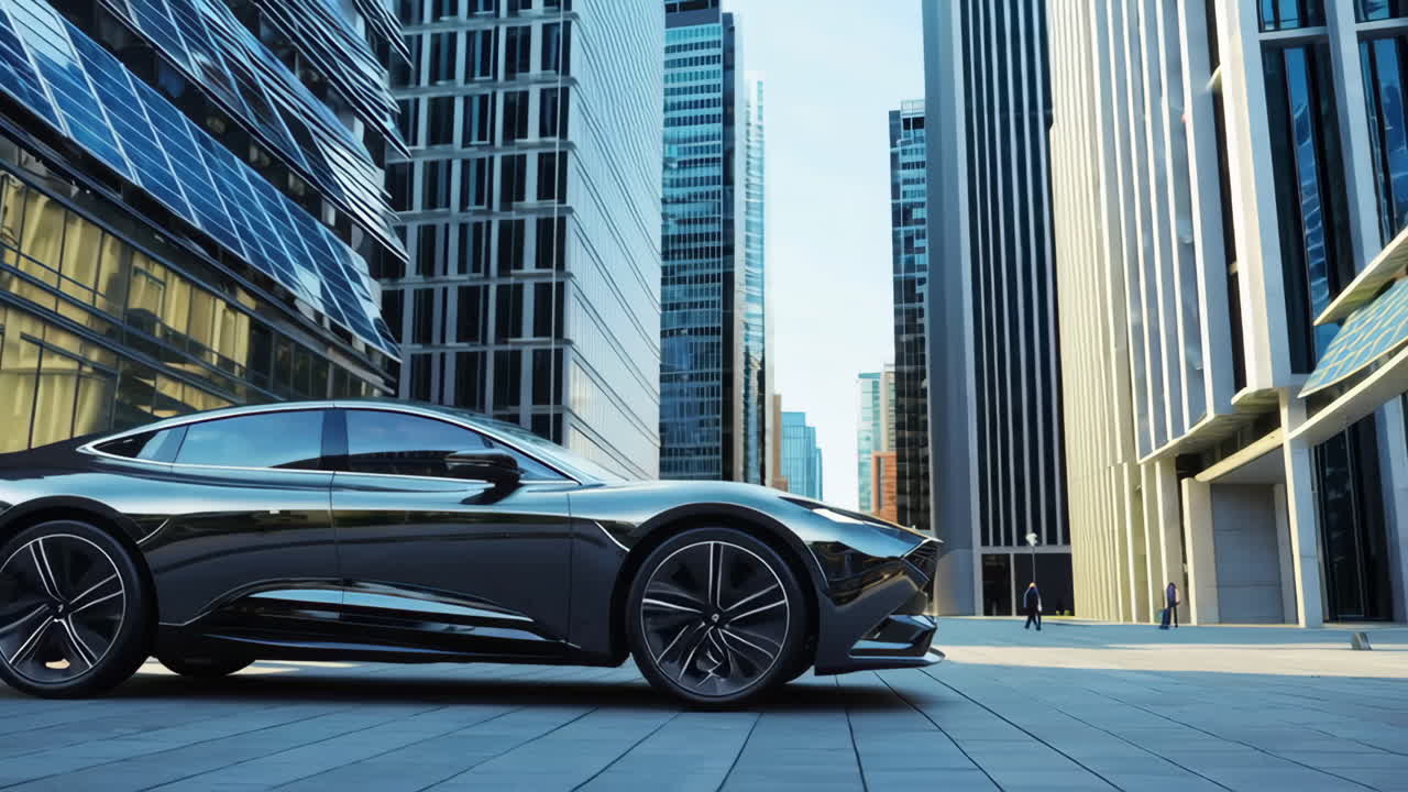 Futuristic Electric Car and Its Advanced Digital Interior in an Urban Setting