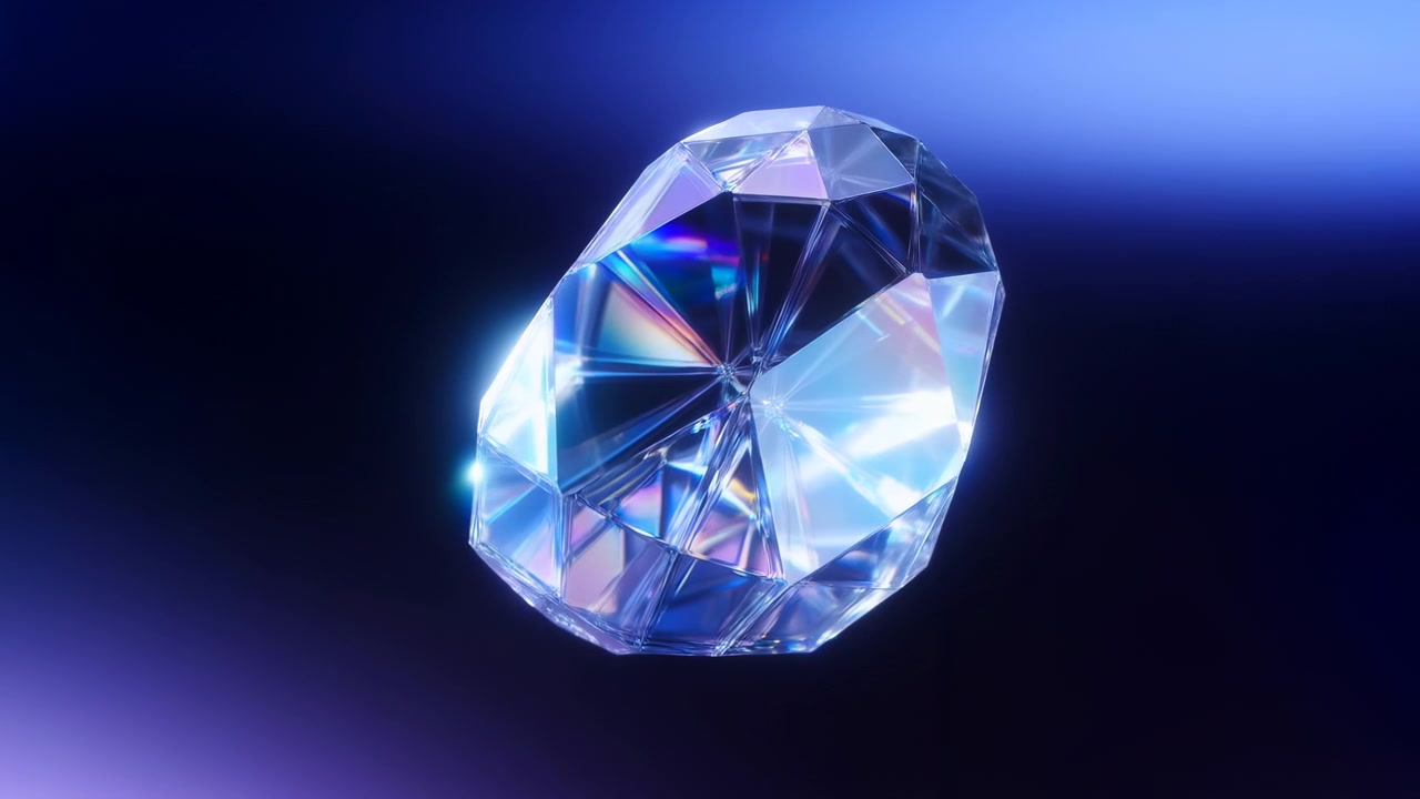 Sparkling Diamond Floating Under Blue Light, Prismatic Reflections Scatter Across Faceted Crystal In Cinematic