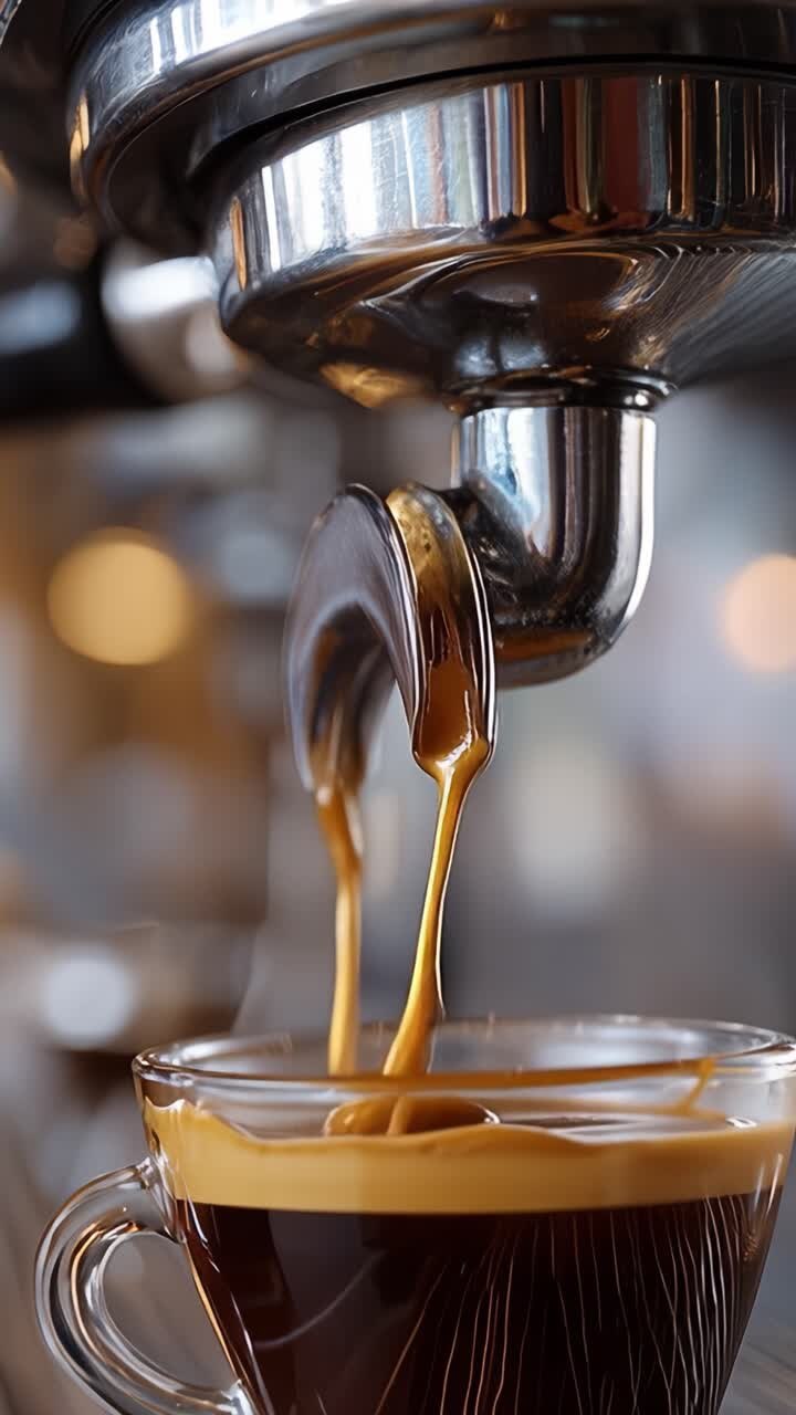 Una vista ravvicinata dell'espresso in preparazione: caffè ricco e aromatico che si versa in una tazza di vetro con una concentrazione artistica di crema e l'aroma che sale