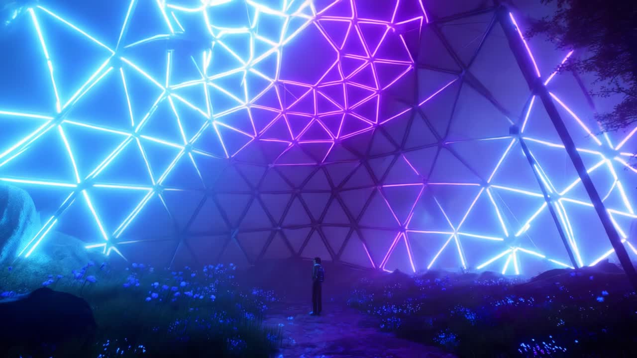 Exploring a Dazzling Neon Environment: A Journey Through a Vibrant Geometric Structure Illuminated by Radiant Blue and Purple Lights, with Reflection on the Ground and Lush Flora Surrounding