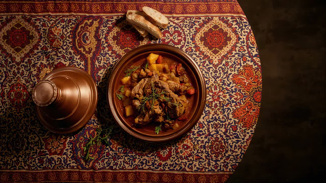 Shifting camera capturing tagine bowl showing meat stew on pattern cloth, with lid, bread, rosemary