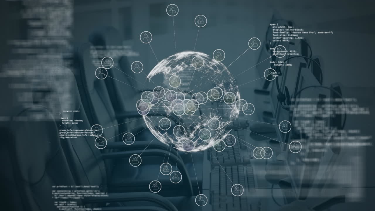 Animation of financial data processing over empty office